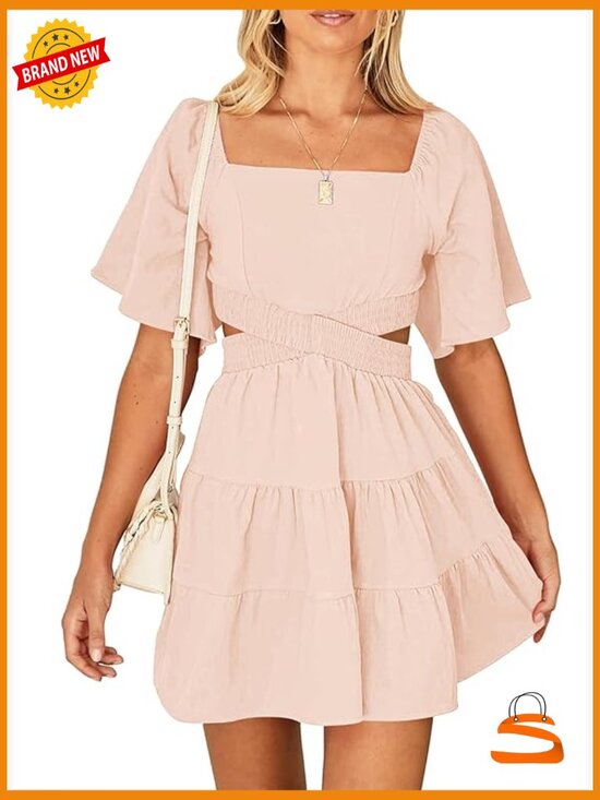Dresses & Skirts - Square Neck Short Sleeve Elastic Waist Mini Dress for Women